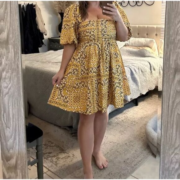 Abercrombie and Fitch Emerson Poplin Puff Sleeve Yellow Floral Mini Dress Size M - Picture 1 of 6